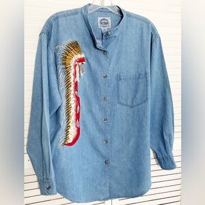 1980s Vintage Denim Shirt By camdbrige Goods With Native Chief Embroidery SZ 10